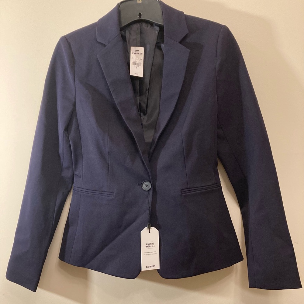 NWT Express Slim Fit Navy Blue Button Blazer/Suit Jacket Size 00